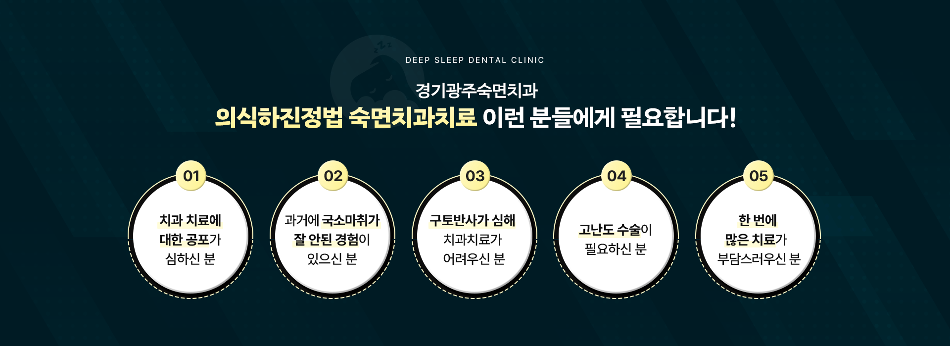 경기광주숙면치과 의식하진정법 숙면치과치료 이런 분들에게 필요합니다!
                01.치과 치료에 대한 공포가 심하신 분, 02.과거에 국소마취가 잘 안된 경험이 있으신 분, 03.구토반사가 심해 치과치료가 어려우신 분, 04.고난도 수술이 필요하신 분, 05.한 번에 많은 치료가 부담스러우신 분